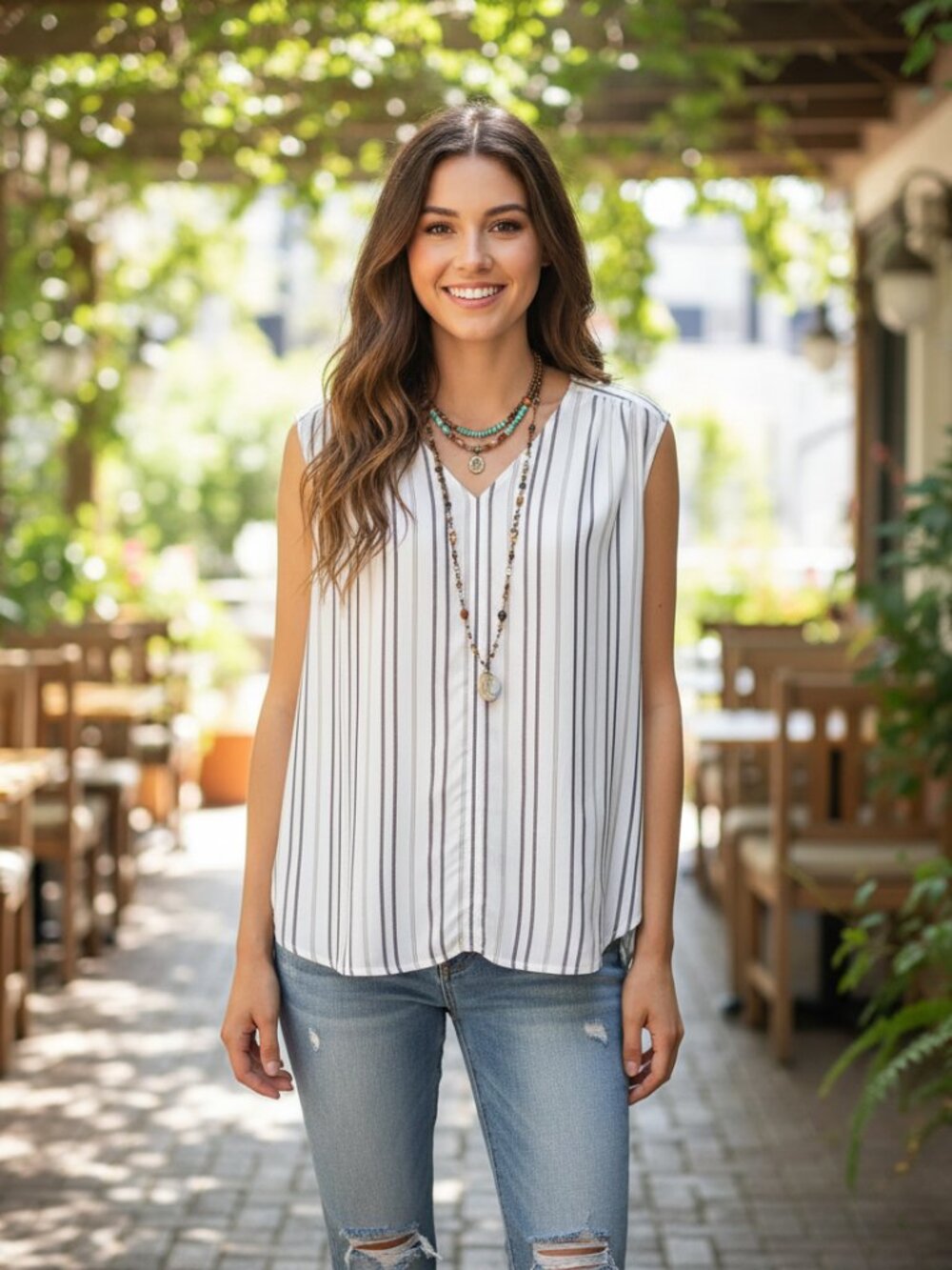 NEW Loft S White Burgundy Striped V Neck Sleeveless‎ Tunic Top Boho Oversized